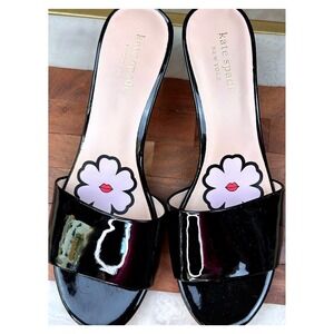 Kate Spade NWB SZ 7M NY Savvi Kitten Heel Patent Leather Slides Black Floral